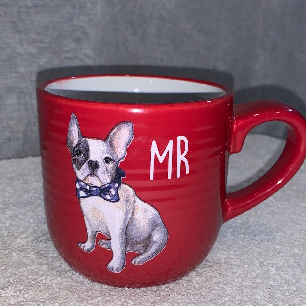 coffee/tea mug 8oz cup - Mr. French bulldog -red, blue polkadot bow tie- fun mug